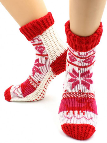Носки Hobby Line HOBBY 098 носки вязаные Снежинки белый с красным манжет