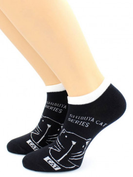 Носки Hobby Line HOBBY 507-4 носки укороченные женские х/б, Кот на черном, белая резинка