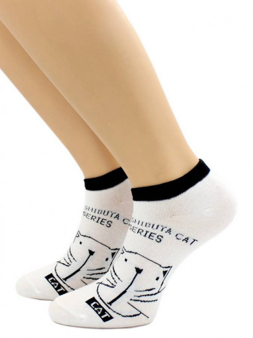 Носки Hobby Line HOBBY 507-3 носки укороченные женские х/б, Кот на белом, черная резинка